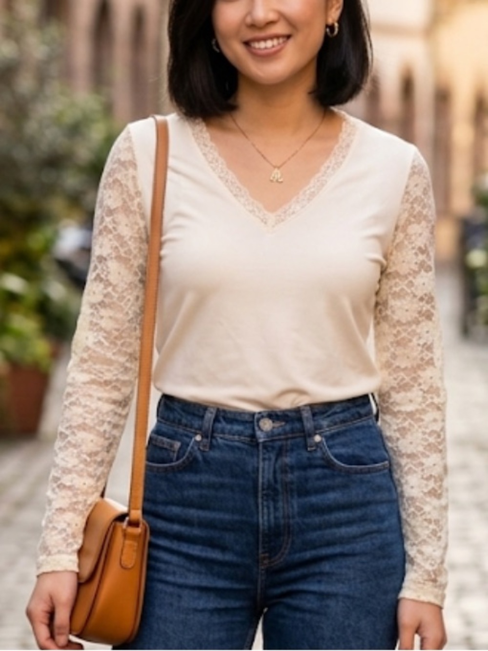 Susan Graver Cottagecore Ivory‎ V-Neck Long Sleeve Top with Lace Sleeves